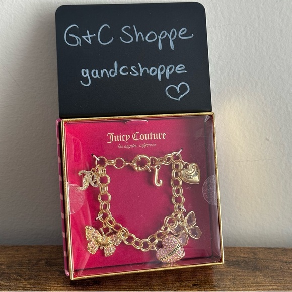 Juicy Couture Jewelry - New Juicy Couture Gold Color Butterfly Charm Bracelet Chain Heart Pink Jewelry